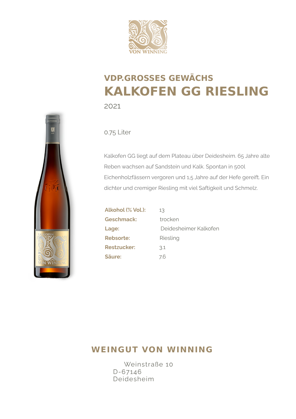 2021 Riesling Kalkofen GG - Von Winning