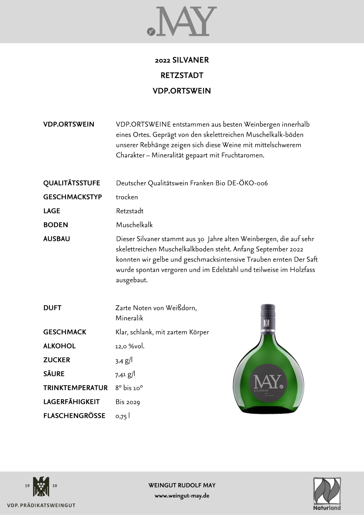 2022 Silvaner Retzstadt Ortswein - Rudolf May -bio-