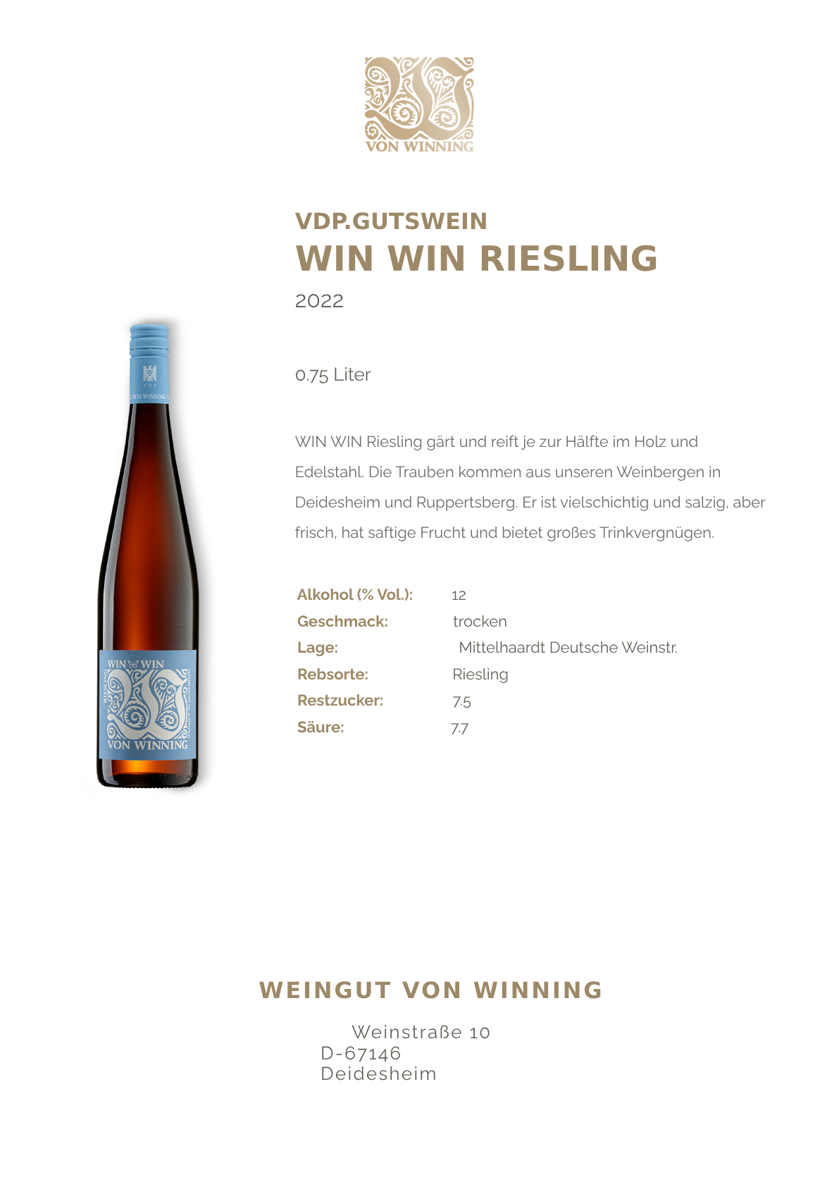 2022 Riesling Win Win Weingut - Von | Extraprima Weinversand Winning